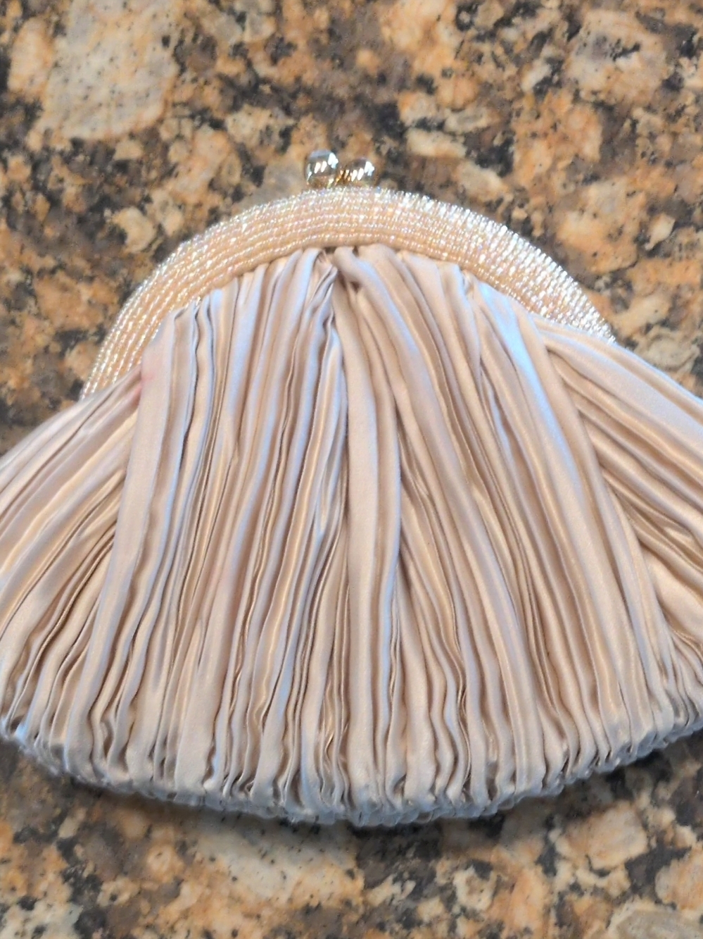 Pleated Satin Evening Clutch in Light Cream with Beaded Frame